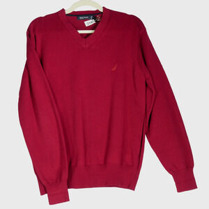 Nautica Red Sweater Men Medium Cotton V Neck Embroidered Sailboat Long Sleeve